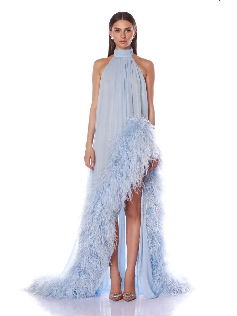 Bronx and Banco Madeline Powder Blue Halter High-Low Feather Trim Gown
